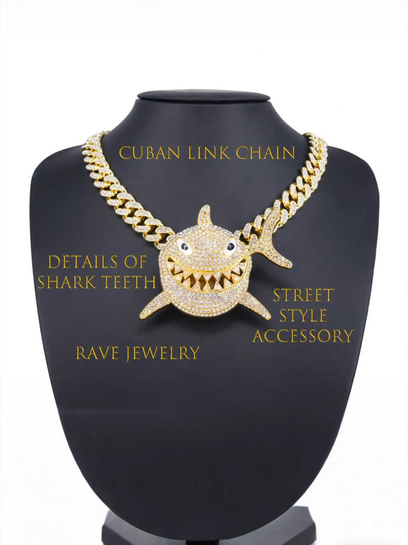 Sparkling Shark Pendant Cuban Link Design Chain Necklace, Hip Hop Style Jewelry, Party Wear, Street Fashion Accessory, Rap Singer Gift
