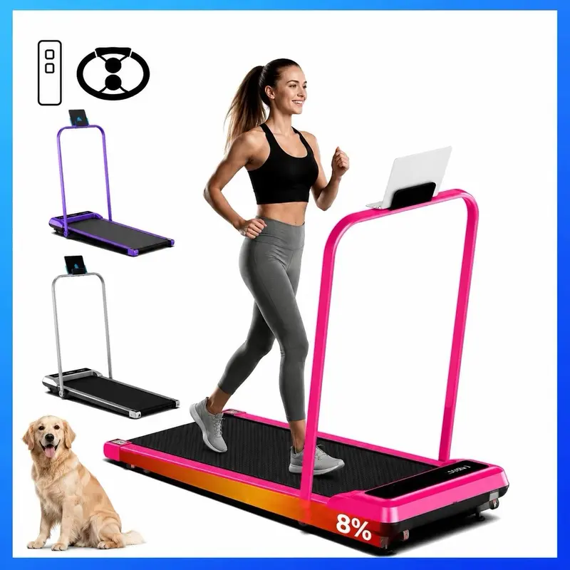 [New Arrival Adjustable Incline]Electric Folding Treadmill with Handrail, Low-Noise Motor – 265lbs Weight Capacity Spacious Belt Walking Pad, Dual Shock Absorption, Remote Control & Wheels for Easy Moving – Includes Free Resistance Bands and Remote