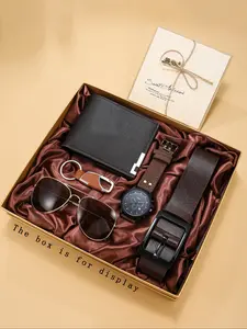 Classic 6-Piece Gift Set, Accessories Set: Analog Watch, Pilot Sunglasses, Keychain, Leather Wallet & Belt, Vintage Style, Perfect Holiday Gift, Men Accessories