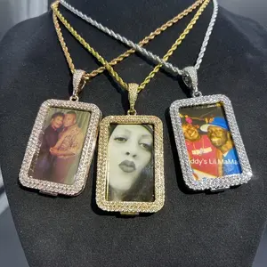 [Sparkling Brass Photo Pendant] Personalized Customized Sparkling Brass Double-Row Zirconia Po Pendant Picture Necklace - Unique Hip Hop Style Gift for Friends