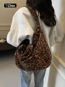Large-Capacity Fashionable Leopard-Print Corduroy Tote Bag, Women's Casual Handheld Shoulder Bag for All Seasons and Commuting, Casual Commuter Bag