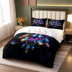 Neon Starry Sky Dreamcatcher Print Bedding Set, Zipper Included, Comfortable Bedding for Bedroom and Guest Room, Includes 1 Fitted Sheet + 2 Pillowcases