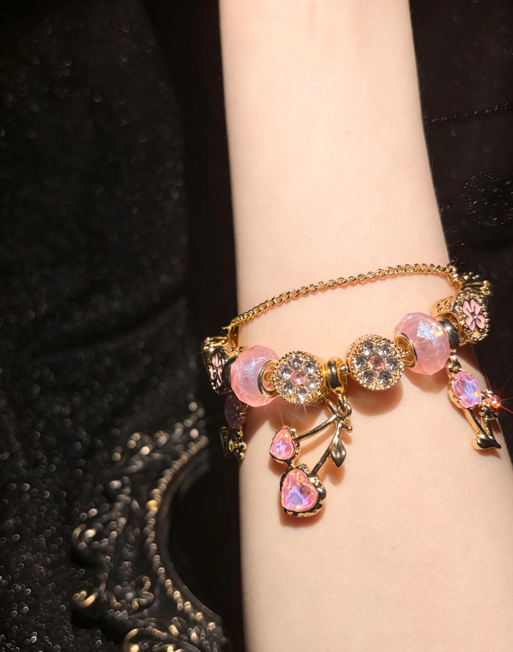 Women's Gold-Tone Adjustable Charm Bracelet - Sparkly Pink Heart, Flower Beads, Rhinestone Crystals - Fashion Costume Jewelry Gift