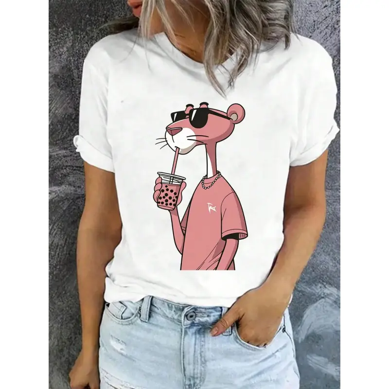 Women's Pajama Top, Cute 'No Talkie Before Coffee' Panther Graphic T-Shirt, 100% Cotton Knit Fabric, Relaxed Fit Sleepwear, Shortsleeve, Festival, Piece, Tshirt, Valentines Day