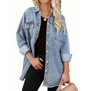 Plus size, women's denim casual jacket, long sleeves, flip cover, worn hem and cuffs, machine washable - perfect for outdoor wear in spring and autumn seasons, women's plus size jacket