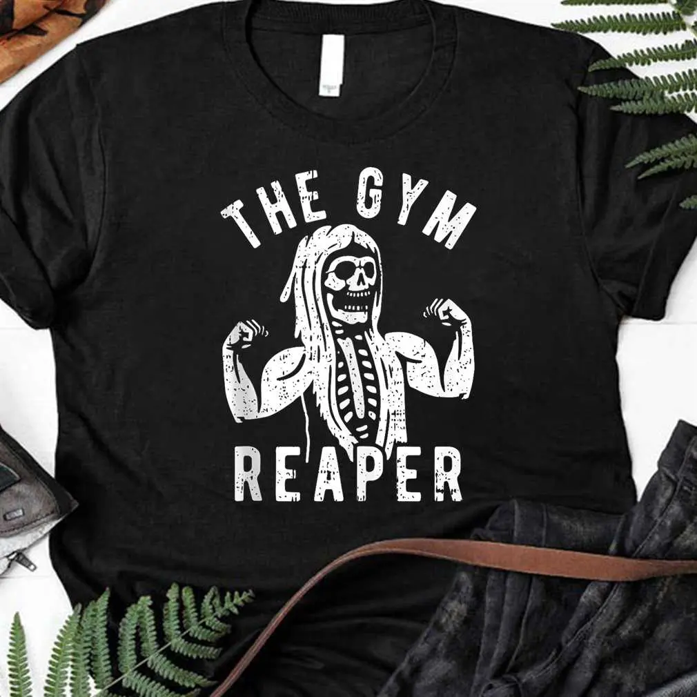 Gym Reaper Halloween Costume Funny Skeleton Fitness Workout T-shirt