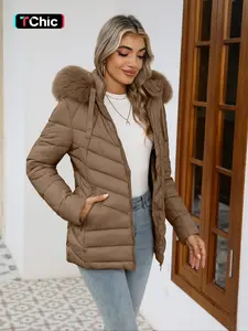 Women's Solid Color Contrast Faux Fur Hooded Quilted Jacket, Casual Long Sleeve Zip Up Pocket Design Coat for Fall & Winter, Women's Clothing for Daily Wear