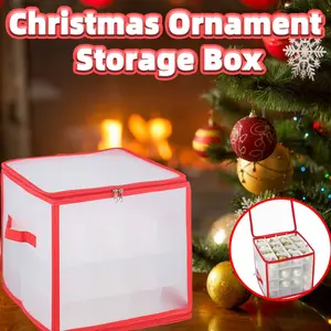 Plastic Christmas Ornament Storage Box Zippered Closure - Stores up to 64 of the 3-Inch Standard Christmas Ornaments and Xmasholiday Storage Container with Dividers & Twohandles