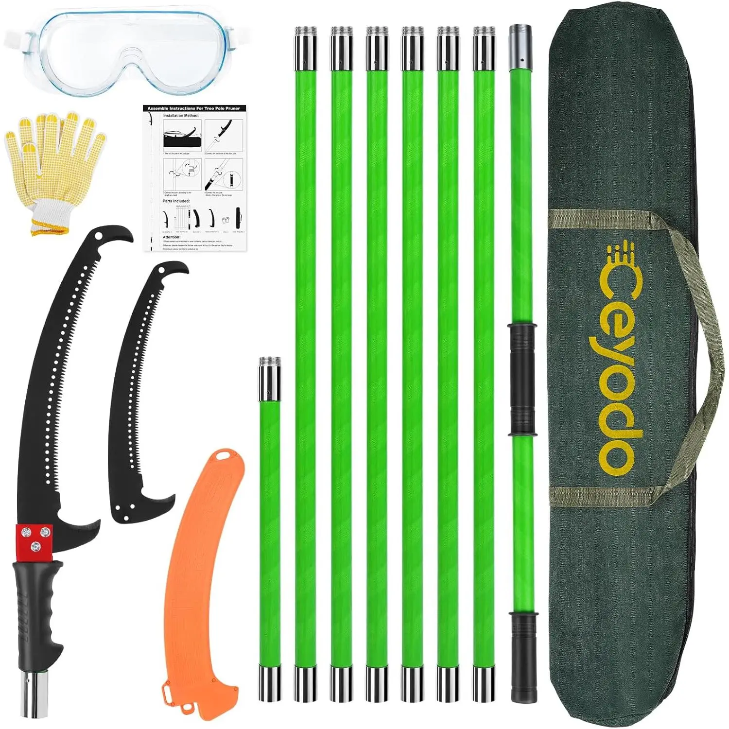 Portable Manual Pole Saw Tool Kit - 30 Ft Extendable Blade, 9 Fiberglass Handles, Retractable Scissors, Long Trimmer for Backyard, Garden Palm Tree Pruning