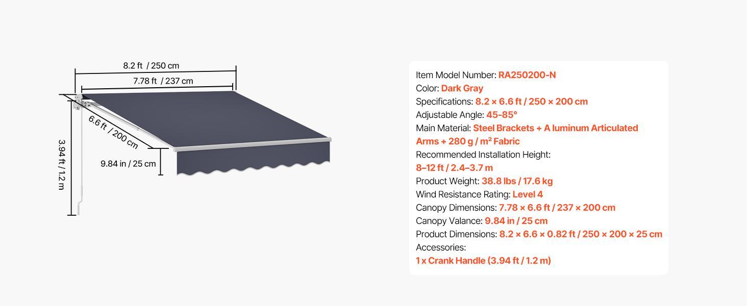 VEVOR Manual Retractable Awning, 8.2' x 6.6' Outdoor Patio Awning Retractable Sun Shade, Patio Door Window Water-Resistant Polyester Sunshade Shelter with Crank Handle for Deck, Balcony, Yard, Gray VEVOR Manual Retractable Awning, 8.2' x 6.6' Outdoor Patio Awning Retractable Sun Shade, Patio Door Window Water-Resistant Polyester Sunshade Shelter with Crank Handle for Deck, Balcony, Yard, Gray