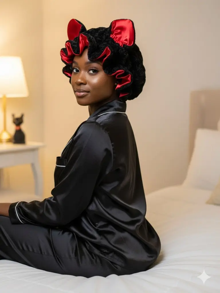 Red and Black Teddy Shape 3D Plush Faux Fur Sleep Bonnet for Adults, Multi-Size Daily Haircare, Durable Heatless Comfortable Fit, Warm Breathable Classic Style, Expert Craftsmanship
