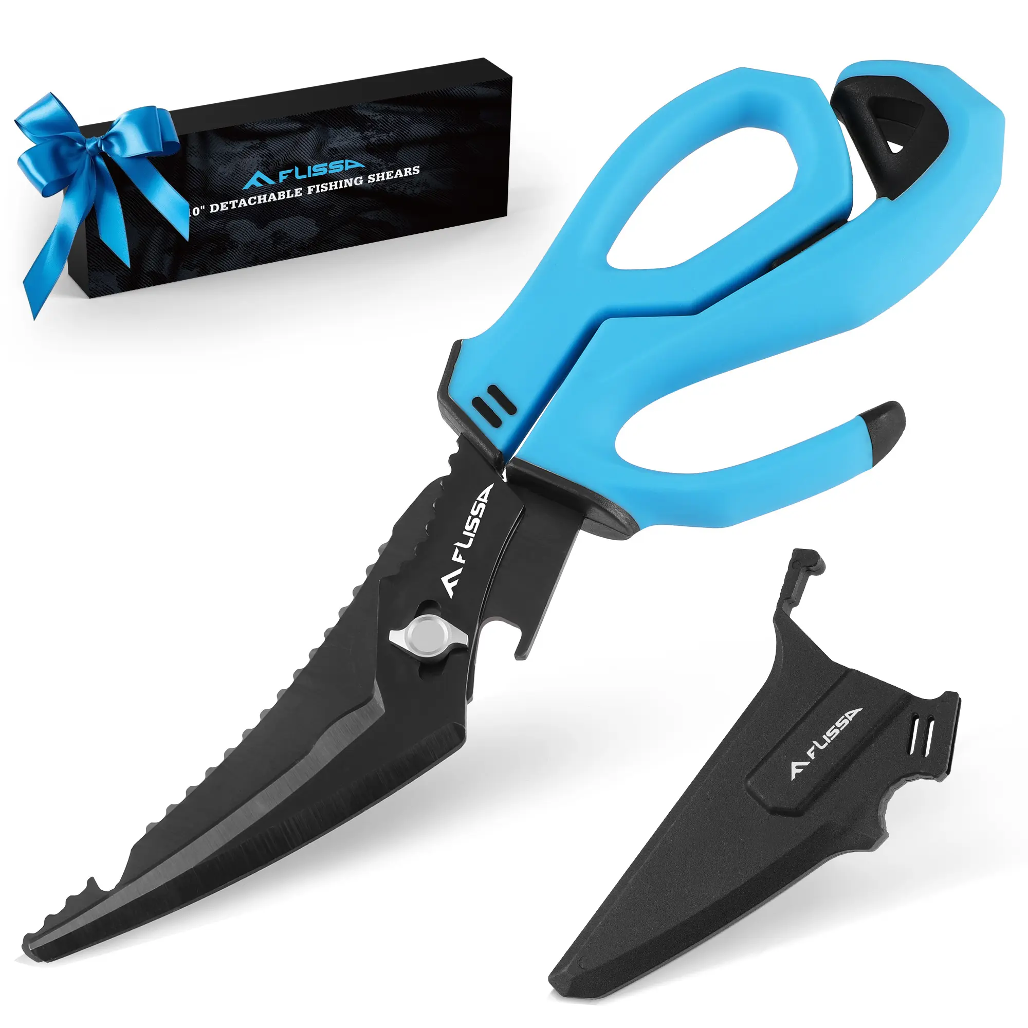 #fathersdaygift FLISSA 10" Fishing Scissors, Stainless Steel Detachable Kitchen Scissors, Fishing Shears with Fin Clipper & Fish Scaler, Non-Slip Grip, Protective Sheath