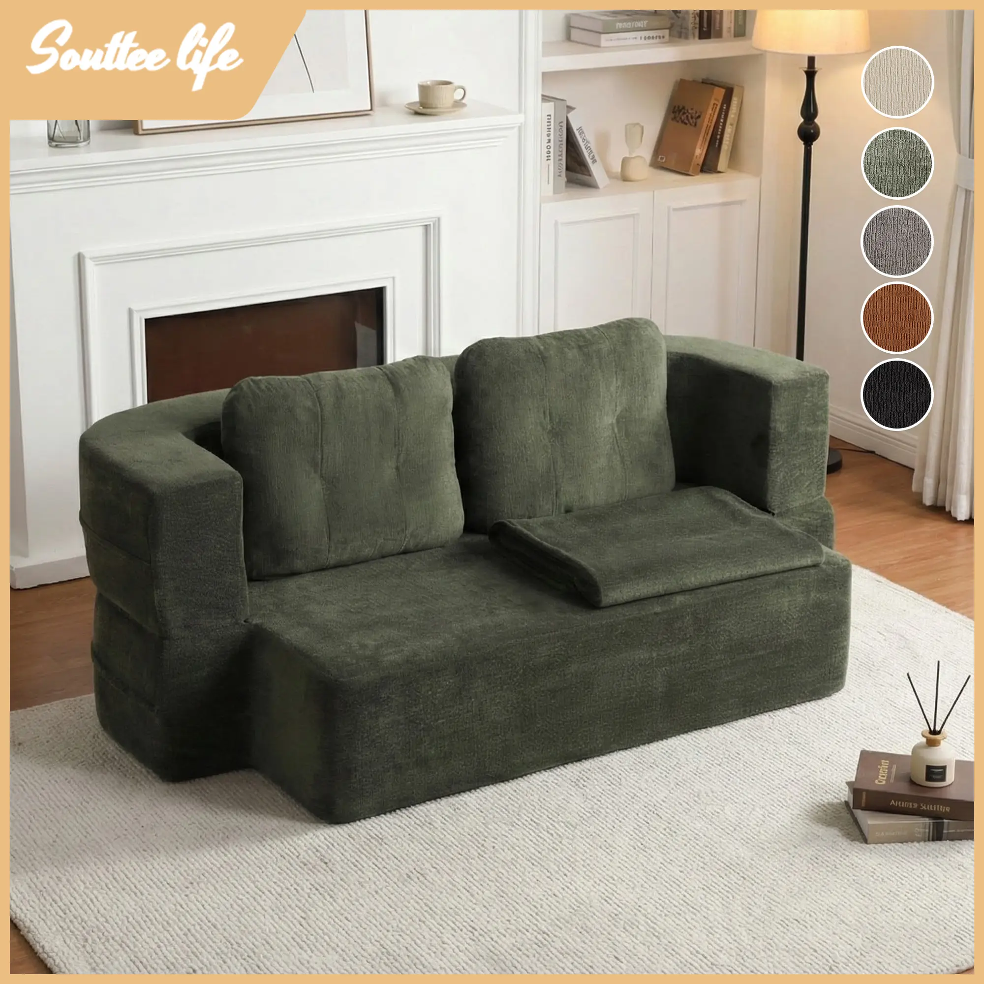 78.7" Convertible Sofa Bed, Foldable Couch Bed with Blanket/2 Pillows, Folding Sleeper Futon Floor Sofa Couch, Memory Foam/High Elasticity Sponge/ Compressed Sofa, Living Room Bedroom