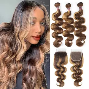 4 27 Highlight Body Wave Bundles With Closure Human Hair 3 Bundles with 4x4 HD Transparent Lace Closure