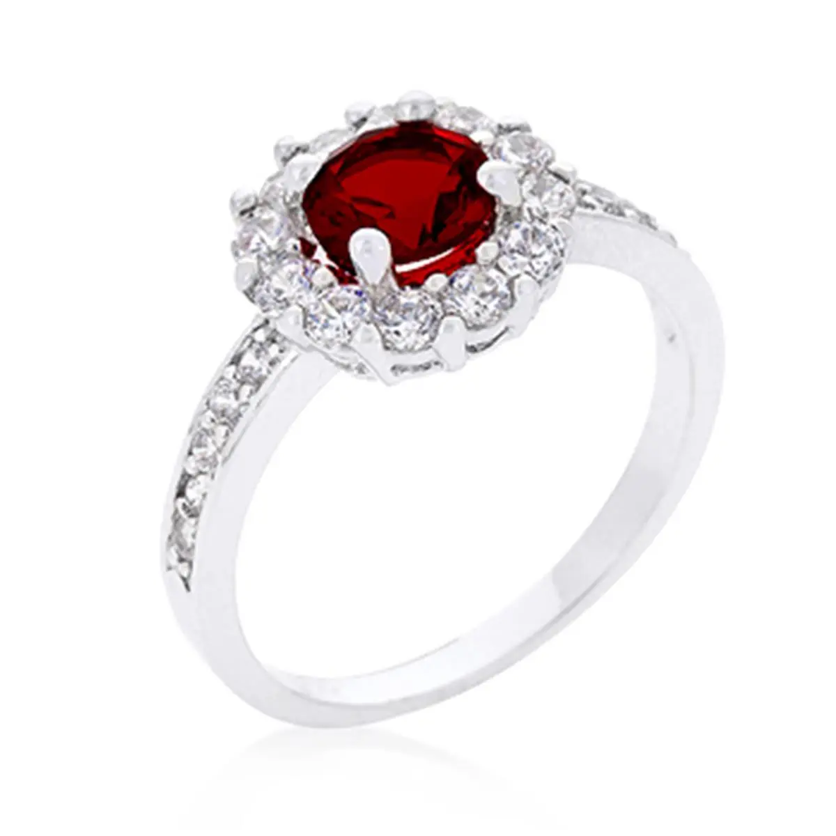Genuine Rhodium Plated Garnet Halo Engagement Ring Featuring 2.1 Carats of Cubic Zirconia in Silvertone - Size 9