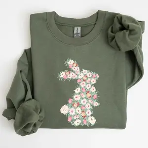 Floral Print Rabbit Bunny Easter Sweatshirt & Tshirt Women's Crew Neck 100% Cotton OEKO-TEX Certified Low Impact Dyes
