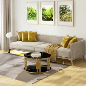 [SOIYELIFE] Modern Black Mirror Coffee Table, Asymmetrical Metal, Circular Metal Drum Base, Gold Finish & Lower Shelf Fine furniture