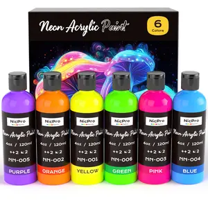 Nicpro Fluorescent Acrylic Paint Set, Glow in the Black Light, Non-Toxic & Vibrant Neon Paint for Neon Party Decoration, DIY Project on Multi-Surface, Canvas, Rock, Wood, Craft
