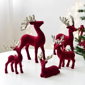 Hot Selling Christmas Decoration Reindeer Desktop Ornament Christmas Tree Decoration Hanging Decoration Glitter Wine Red Flocked Reindeer Pendant