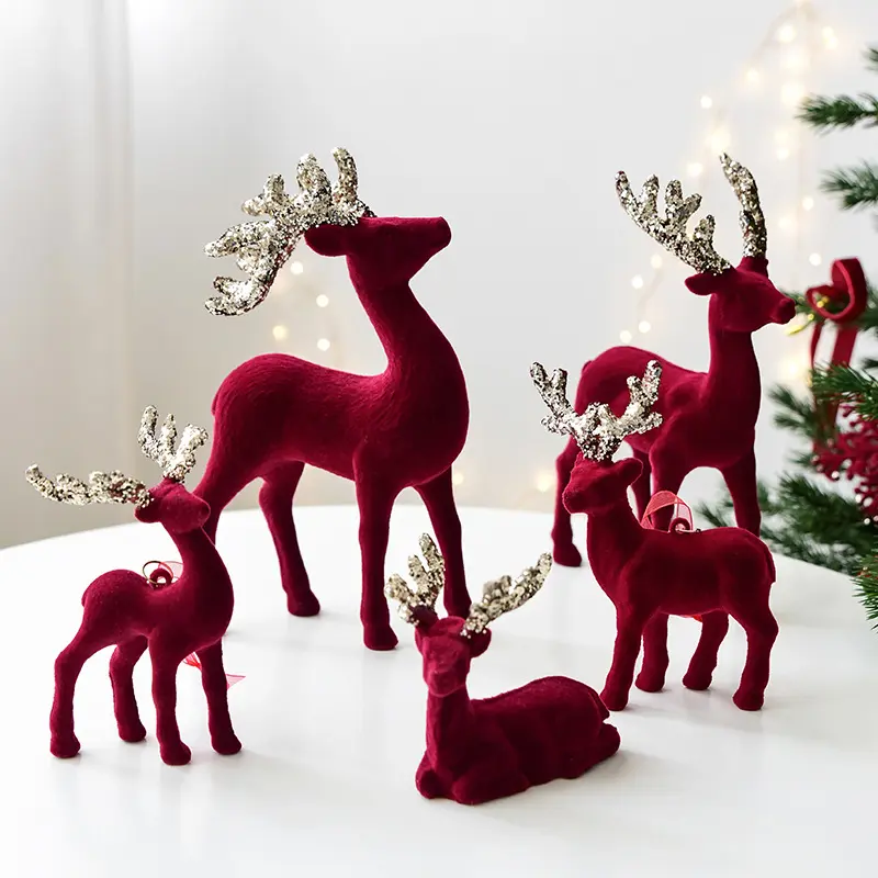 Hot Selling Christmas Decoration Reindeer Desktop Ornament Christmas Tree Decoration Hanging Decoration Glitter Wine Red Flocked Reindeer Pendant