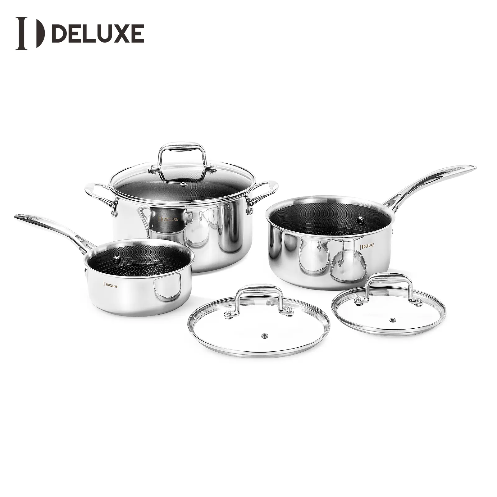 DELUXE Hybrid Nonstick 6-Piece Pot Set, 1.3, 3&5.4-Quart Pots with Tempered Glass Lids Stainless Steel Cookware Pots
