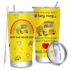 [20oz Stainless Steel Tumbler] 20oz Double Wall Insulated Stainless Steel Travel Tumbler with Lid & Straw | BPA-Free, Yellow School Bus Theme, Best Bus Driver Ever Design, Perfect Appreciation Gift for Bus Drivers