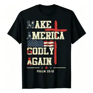 Make America Godly Again Christian T-Shirt - Psalm 33:12 Bible Verse & Cross Design with American Flag Colors