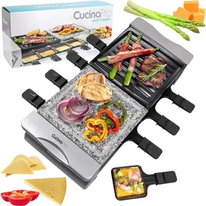 CucinaPro Electric Cheese Raclette Table Grill w Nonstick Grilling Plate & Cooking Stone- Deluxe 8 Person Tabletop Cooker w Hotplate