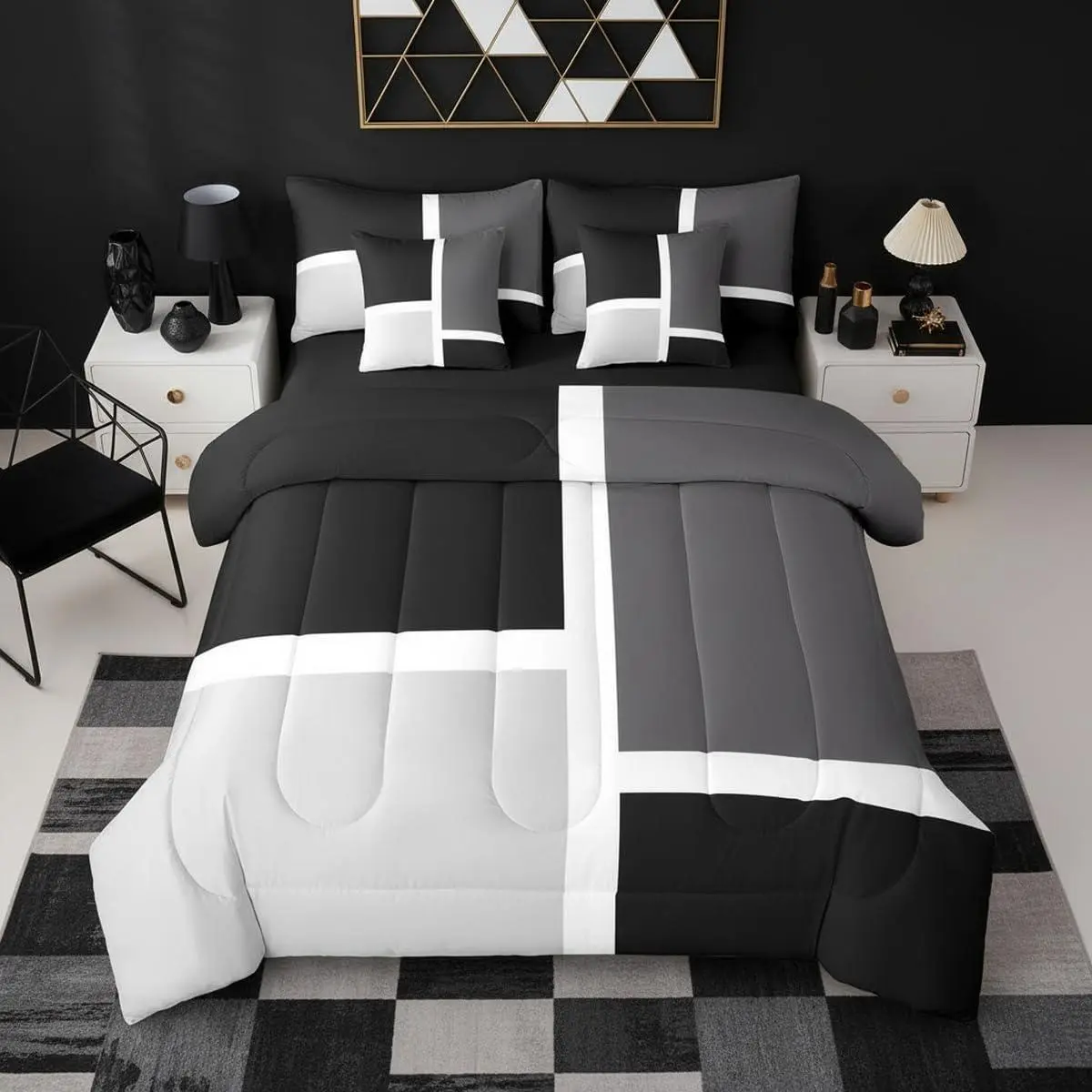 Geometric Square Bed in A Bag Minimalist Patchwork Comforter Set Abstract Grid Aesthetic Bedding Set 7Pcs Modern Stylish Sheet Set with Comforter
