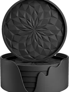 6 Pack Silicone Coaster Set with Holder - Non-Slip, Thickened Drink Coasters Thickened, Non-Slip, Non-Stick, Deep Tray Black