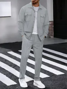 Men's Two-Piece Set Fall Winter, Casual Fitted Drawstring High Waist Pants & Waffle Texture Long Sleeves Muscle Show Shirt with Pockets, Perfect for Running