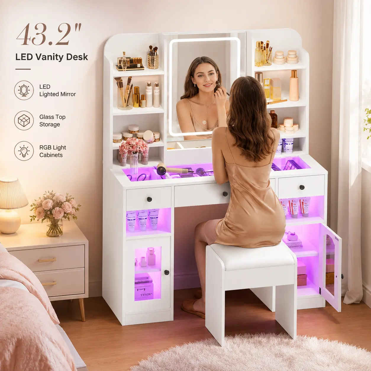 White LED Vanity Desk with Mirror, Lights, Glass Top, RGB Cabinets, 3 Drawers, Storage Shelves & Matching Stool for Bedroom