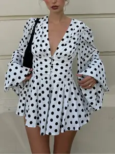 Polka Dot Babydoll Dress for Women Casual Wear Long Sleeve V Neck Ruched Waist A Line Mini Dress Elegant French Style Vacation Outfit Summer Date Brunch Dresses