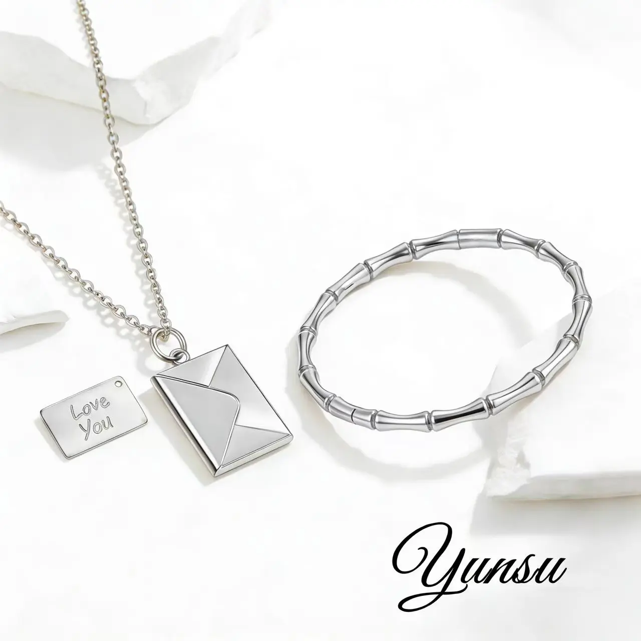 YunSu 2-Piece Elegant Jewelry Set, 18 Karat Gold-Plated Stainless Steel Love Locket Necklace & Bamboo Bracelet, Valentine Gift for Her