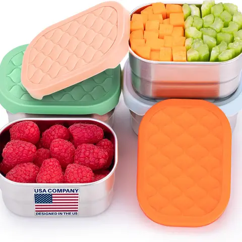 EVERUSELY Steel+Silicon Stackable Storage Containers, 4-Pack 8 oz (230ml) Food-Grade Spill-Proof Lids Refillable Freezer-Ready Tin, Non-Porous Lightweight Reusable Food Storage for Adult Travel Lunch Bags