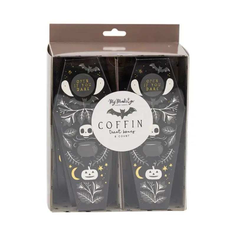 My Minds Eye Halloween 8 Coffin Shaped Treat Boxes 3x7.5x1 Gold Foil Party Favors Spooky Containers