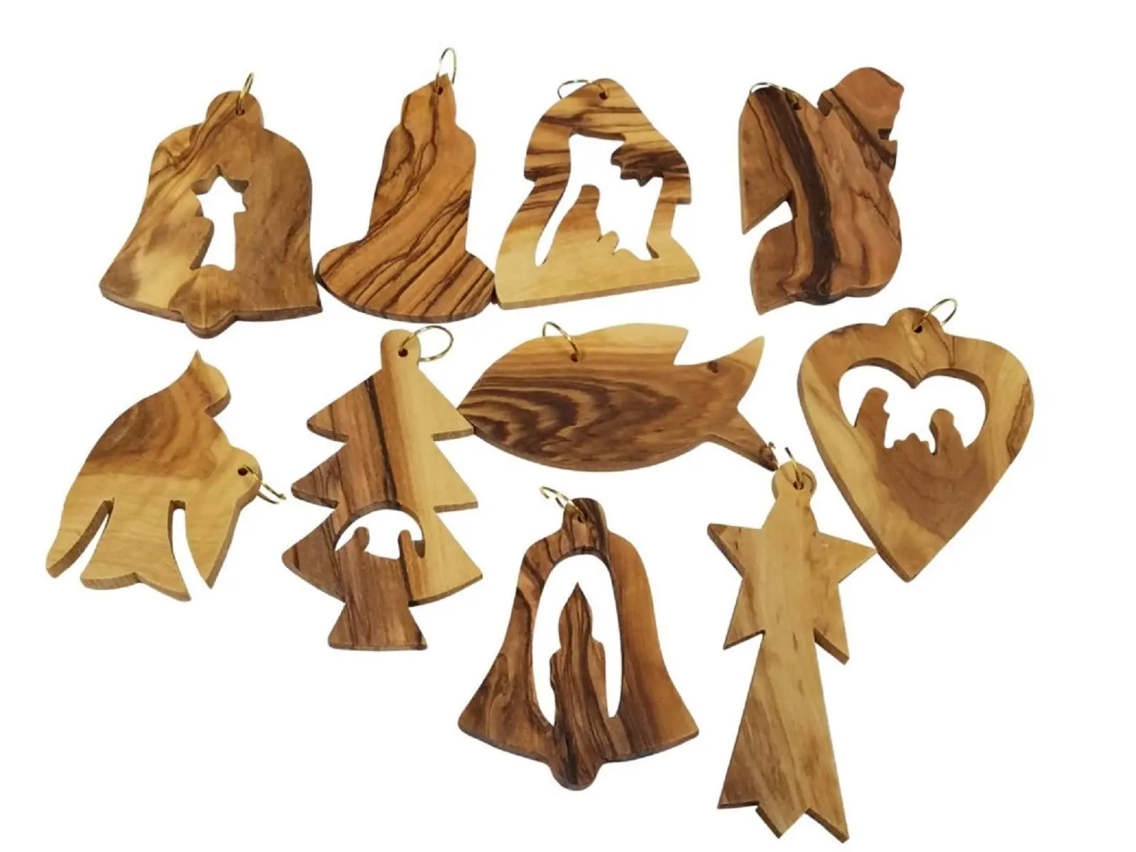 Bethlehem Olive Wood Complete Christmas Ornament Set. Nativity Story by Bethlehem Gifts TM (Set of 10)