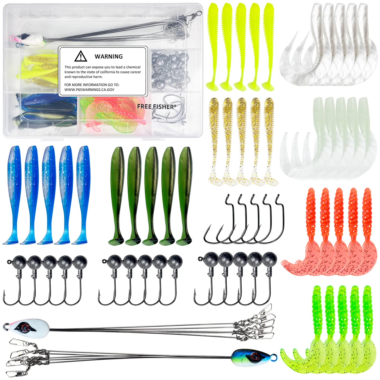 63Pcs Alabama Rigs Kit 5 Arms Umbrella Rigs with Jig Head Hooks Swimbait Paddle Tail Soft Lures Set for Bass Crappie Striper Trout Salmon soft plastic crappie jig