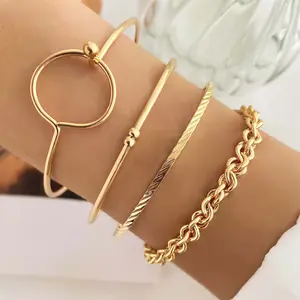 Personalized trendy fashion hollow round geometric open bracelet set niche retro punk twist ring stacked belt jewelry