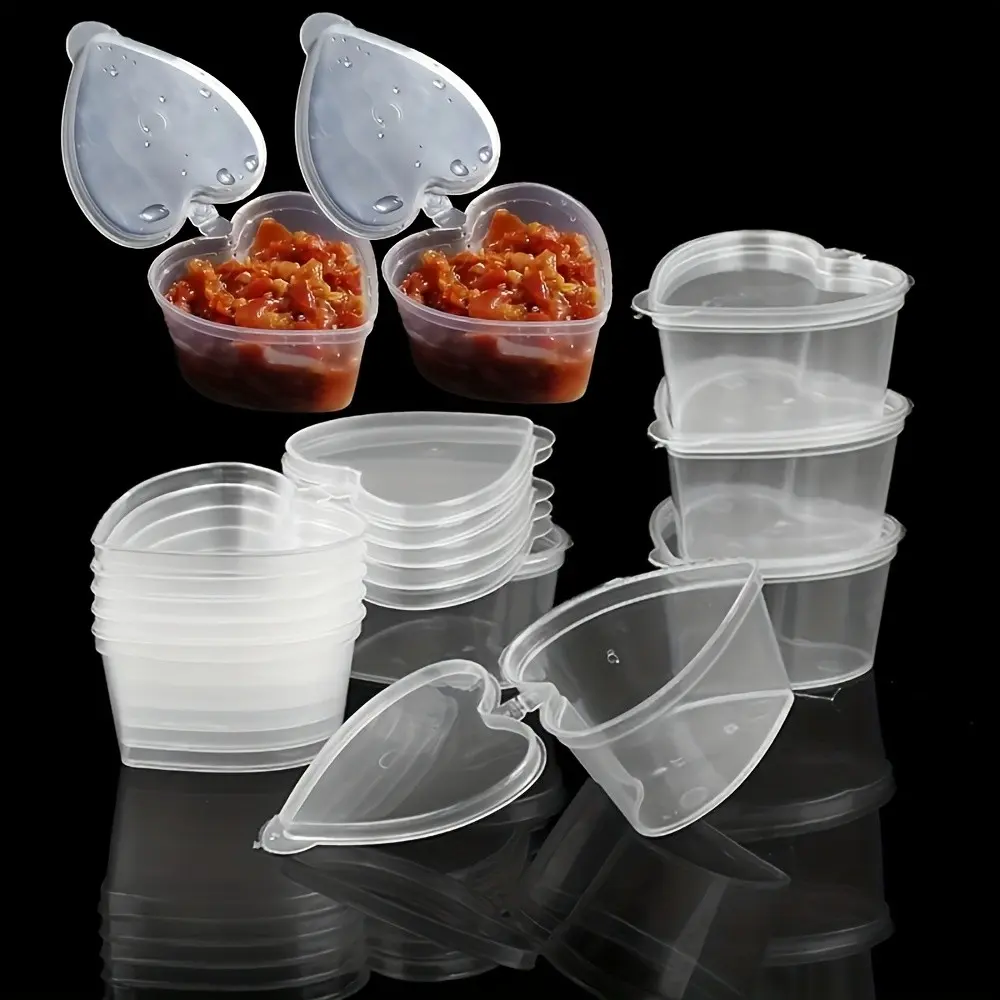 Heart-Shaped Sauce Container with Lid, Transparent Plastic Storage Box, Scratch-Resistant, Leak-Proof, Food-Safe, Portable Snack Dispenser Set, Stackable Clear Containers, Condiment Container, Condiment Serving Container