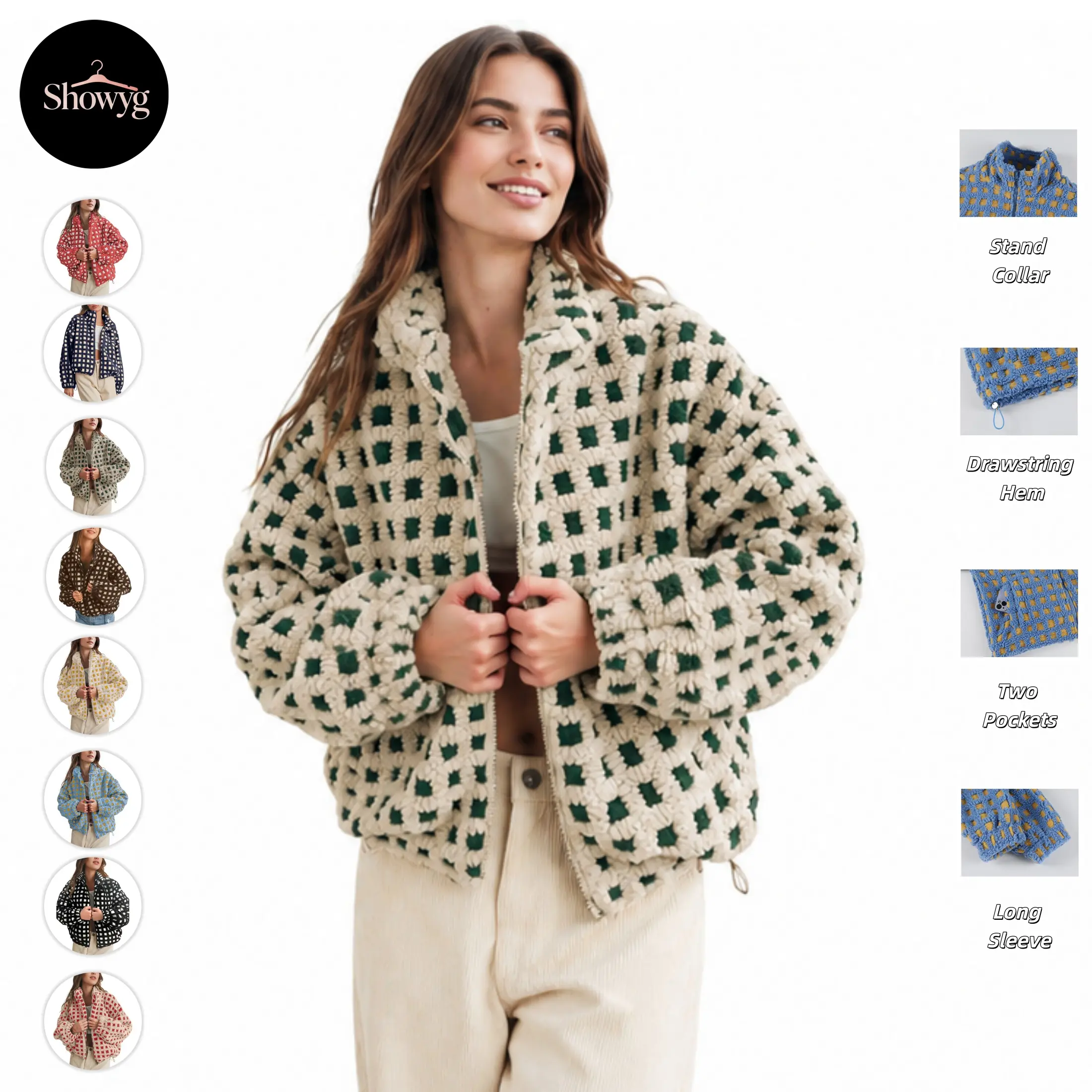 Showyg Women’s Stand Collar Long Sleeve Loose Casual Sherpa Jacket - Cropped Checkered Fleece Full-Zip Fuzzy Outerwear for Fall Winter Daily, School Tops for Women