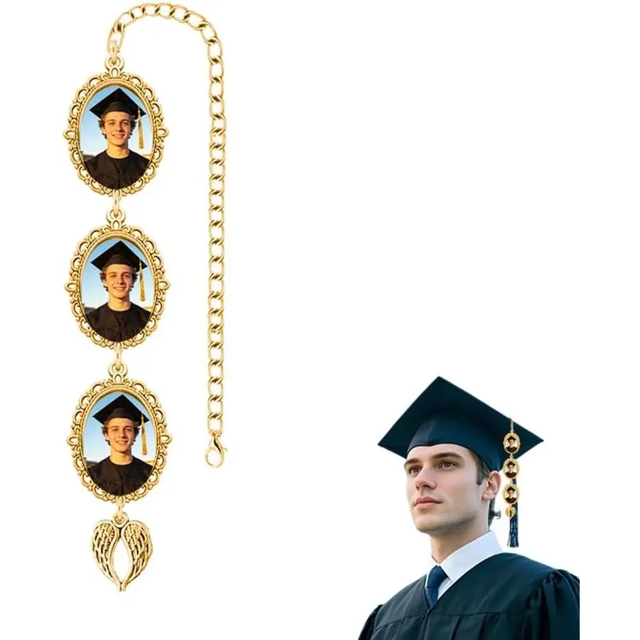 Gold Tassel Charms for Graduation Cap Tassel Memorial Photo Charm for Grad Cap Decor Personalized Graduation Tassel Photo Charm with Angel Wings Memory Tassel Picture for Graduation Cap Decorations