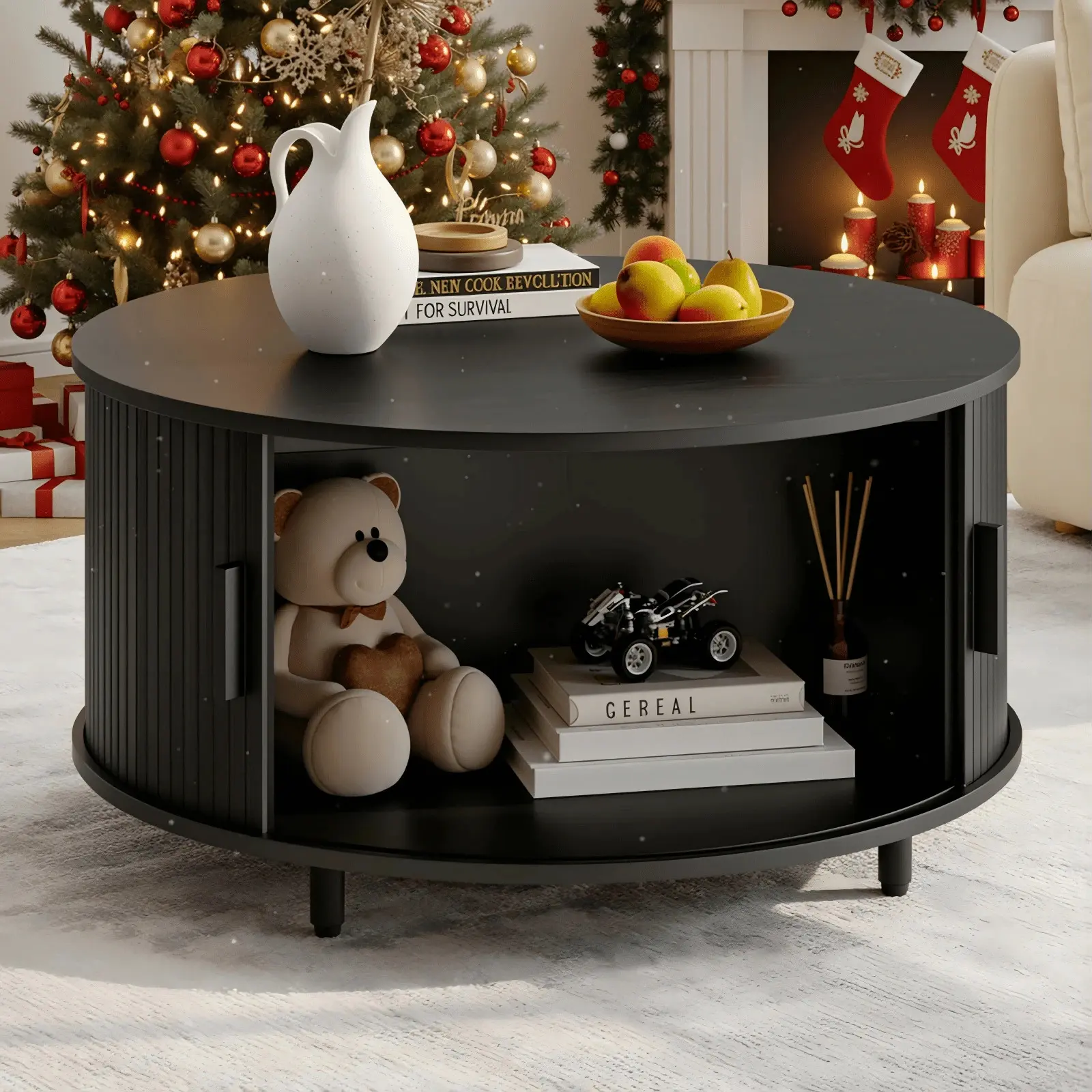 31.5" Round Fluted Coffee Table with 360° Rotating Storage, Mid-Century Modern Wood Center Table, Hidden Compartment & Adjustable Feet for Home, Apartment