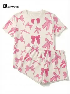 DC DUMPECCI Women's Bow Print Pajama Set Short Sleeve Round Neck Top & Elastic Waist Shorts Soft Knitted Sleepwear for All Seasons Loungewear Homewear Pjs Pyjamas Fabric Love