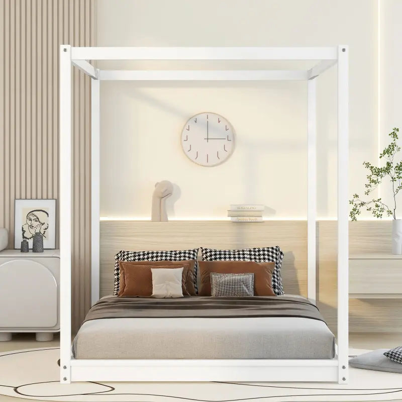 Queen Canopy Bed Frame Wood 4 Poster Panel Beds, Floor Bed Frame Queen with Solid Wood Slat Support, Queen Size Platform Bed for Bedroom, No Box Spring Needed, White