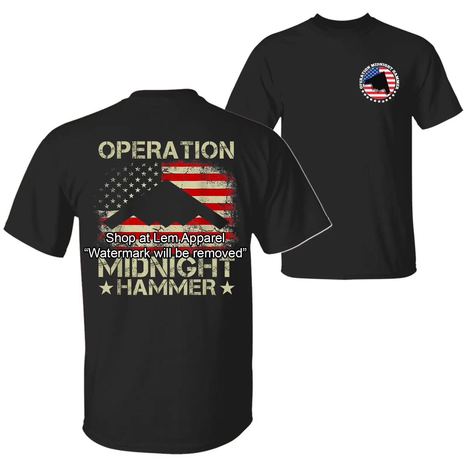 US Air Force B-2 Spirit Stealth Jet Operation Midnight Hammer with American Flag T-Shirt, 4th Of July Patriotic Pride 2 Sided Design Unisex Cotton T-s
