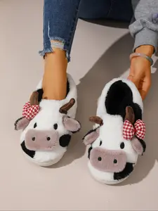 Autumn Winter Cow-Shaped Plush Slippers, Soft Warm Comfortable, Cute Toddler Style, Perfect for Home Wear, Ideal for Adorable Styles, Fuzzy Warm Slippers