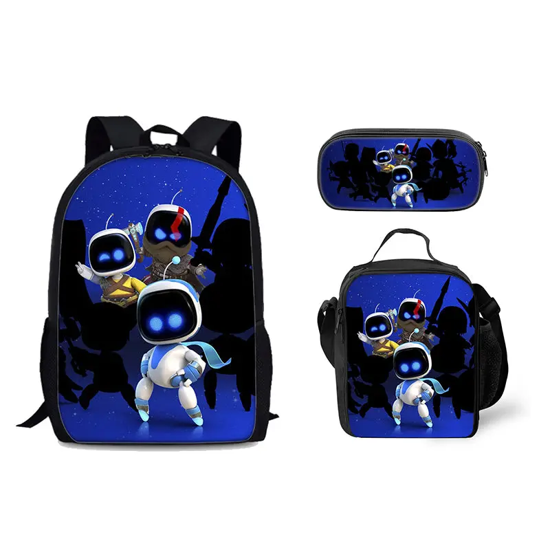 Astro Bot Blue Star Shadow Print Backpack 3 Piece Set Backpack Lunch Storage Bag Cute Pencil Case Y2K Retro Nylon Spine Pressure Relief Bookbag For Kids Ages 8-12 Boys Girls Elementary School Supplies Travel Camping Daypack