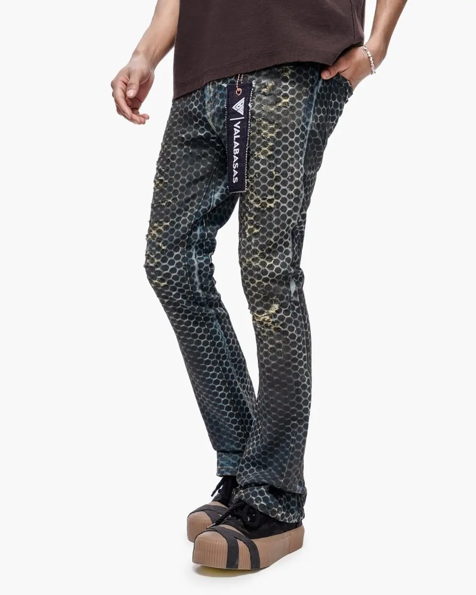 Men's Hex Vintage Blue-Black Stacked Denim Jeans, Menswear with Cotton-Spandex Blend, Textured Design, Distressed