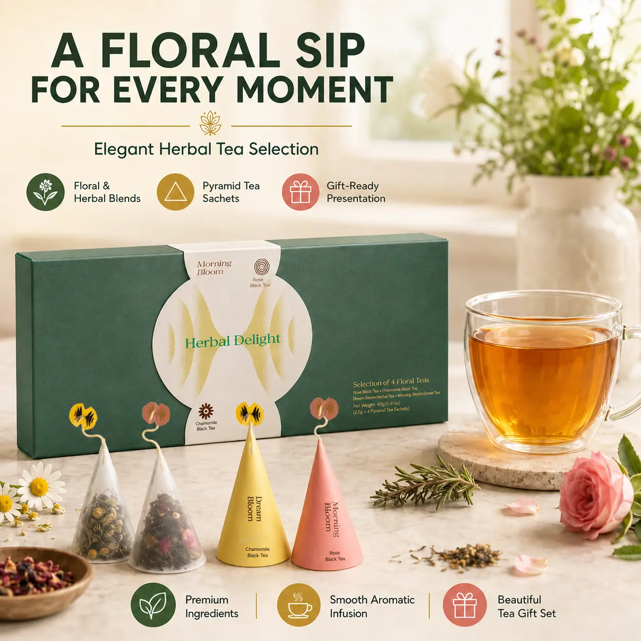 Herbal Delight Botanical Tea Gift Set | Pyramid Tea Bags for Morning & Evening Rituals | Premium Afternoon Tea Gift Box